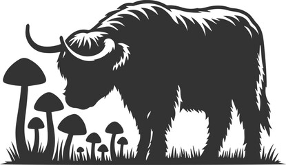 Highland cattle black vector with forest silhouette