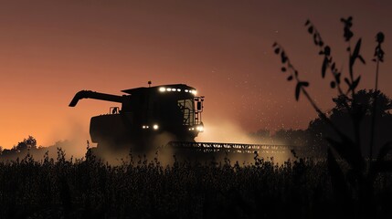Naklejka premium Harvesting Crops at Sunset with Combine Harvester Agriculture Scene