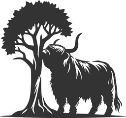 Obraz premium Highland cattle black vector with forest silhouette