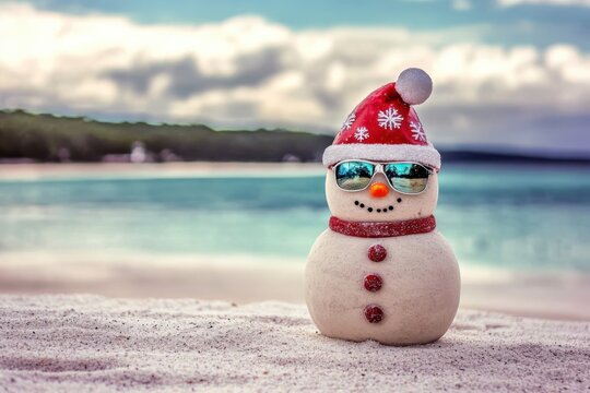 Smiling sandy snowman in red santa hat and sunglasses on the sea beach. Holiday concept can be used for New Year and Christmas Cards