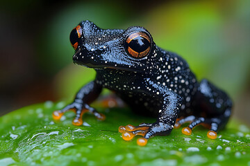 Obraz premium Spotted Tree Frog on Leaf: Nature's Vibrant Eye-Catching Amphibian