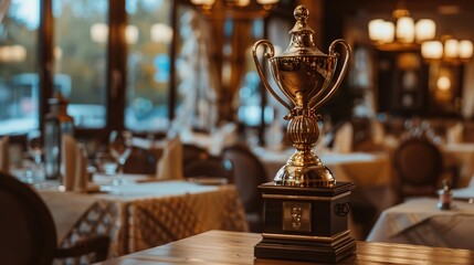 Luxury restaurant interior with golden trophy on wooden podium, elegant award ceremony concept for fine dining excellence and culinary achievement.
