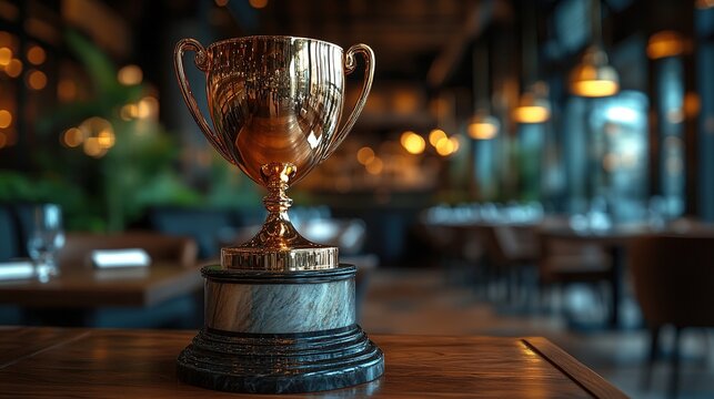 Luxury restaurant interior with golden trophy on wooden podium, elegant award ceremony concept for fine dining excellence and culinary achievement.
