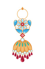 Indian Jewelry Hanging Earring Gem Ornament Floral Red Drop Gold Vector Design