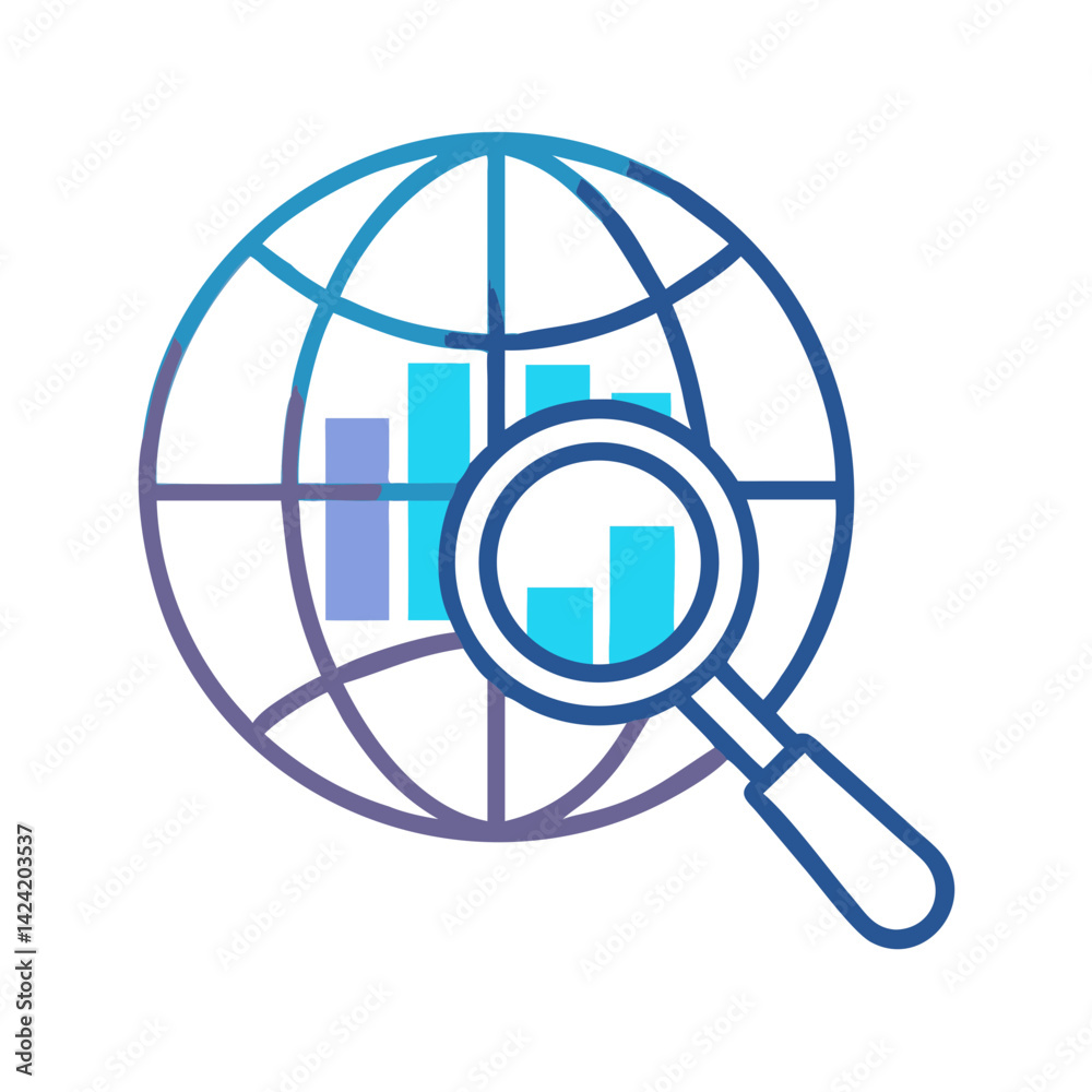 Poster globe with magnifier icon representing global market and search for opportunities