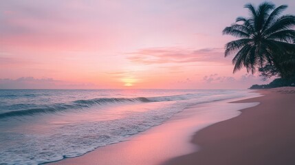 Obraz premium Serene Beach Sunset with Soft Waves and Palm Trees on Tranquil Coastline