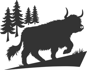 Highland cattle black vector with forest silhouette
