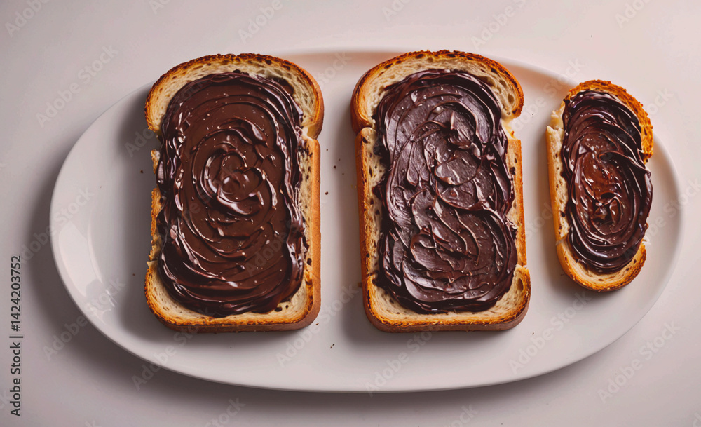 Poster Three slices of bread with chocolate spread on them. The bread slices are arranged in a triangular pattern on a white plate