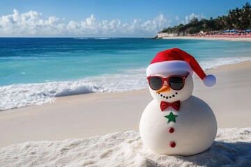 Smiling sandy snowman in red santa hat and sunglasses on the sea beach. Holiday concept can be used for New Year and Christmas Cards