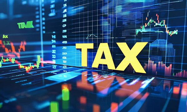 Corporate-style tax background with financial charts and the inscription TAX