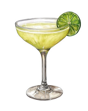 PNG Gimlet cocktail with crushed ice and lime wheel in a cocktail glass. Watercolor illustration with white border isolated on transparent background. Summer drink and citrus refreshment concept. 