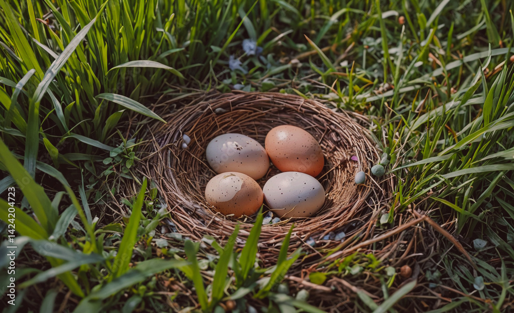 Poster nest of four eggs sits in the grass. the eggs are white and appear to be freshly laid. the nest is s