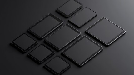 Blank screen realistic tablet frame, rotated position, side view, top view. The tablet is at different angles. Layout of a universal set of devices. UI, UX Template for infographics or presentation.