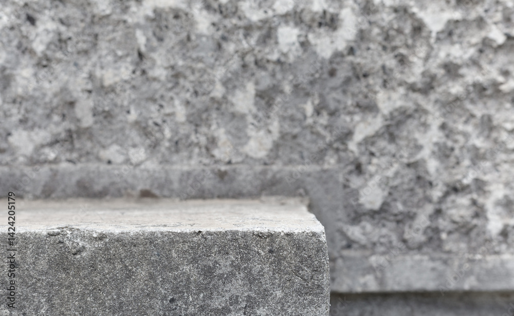 Poster Gray empty concrete table stone podium empty copy space place mock up. Empty wall and table concrete texture template. Mock up for product placement and advertisement. Stone table podium. Gray step