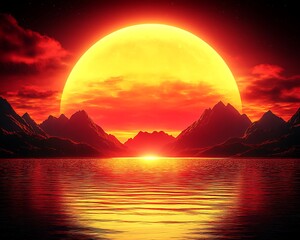 Fototapeta premium Fiery Moonrise Over Mountains