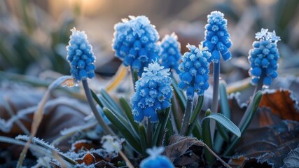 A cluster of blue grape hyacinths covered in frost, bathed in soft morning light.