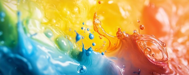 Colorful liquids mixing and splashing, creating bubbles and shapes in a dynamic abstract composition