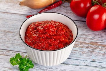 Bulgarian traditional lutenica pepper sauce