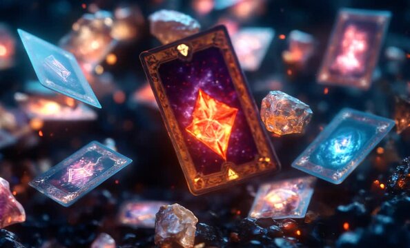 Magical tarot cards float through a cosmic background, creating a mystical and enchanting atmosphere