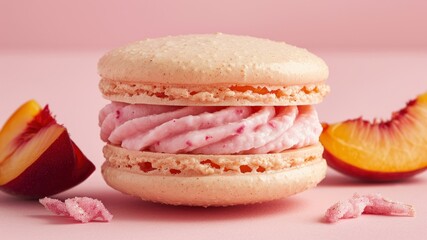 A peach macaron with fresh peach slices on a solid light pink background.