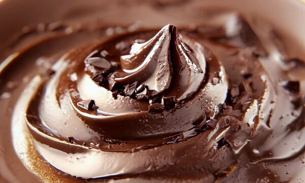 Close-up of smooth mocha mousse swirls with soft lighting and rich chocolate textures