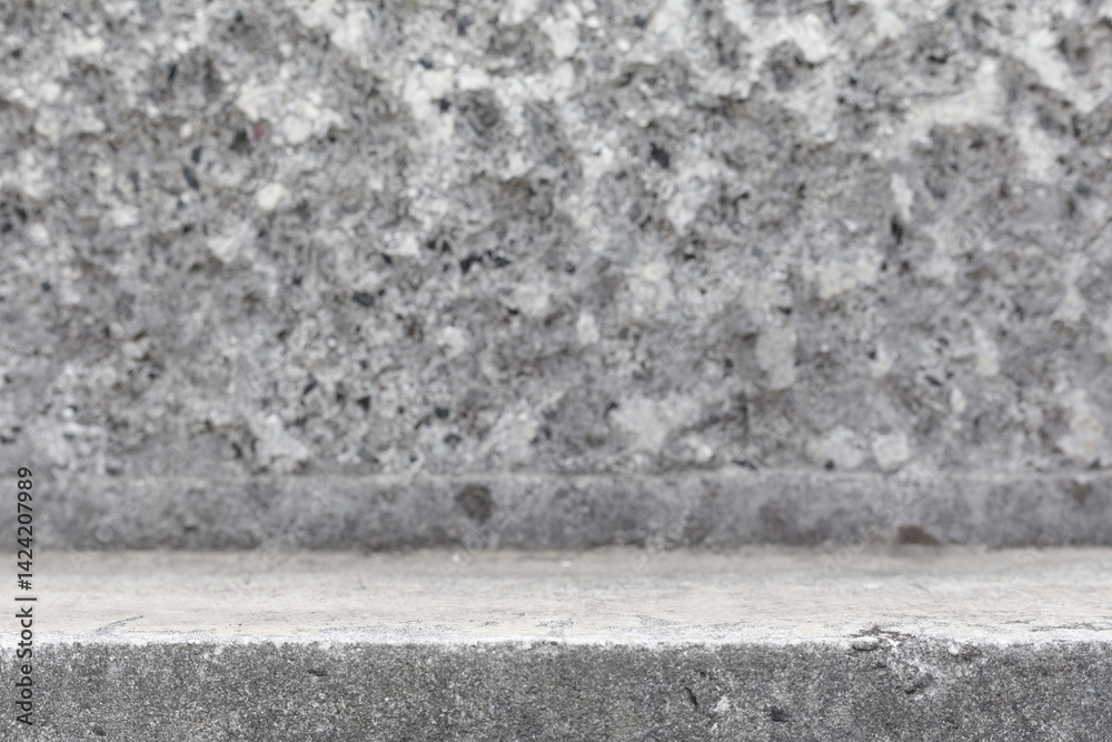 Poster Gray empty concrete table stone podium empty copy space place mock up. Empty wall and table concrete texture template. Mock up for product placement and advertisement. Stone table podium. Gray step