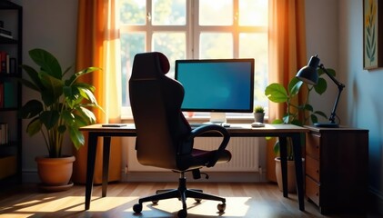 Empty chair facing monitor, sunlight streaming, minimal, white