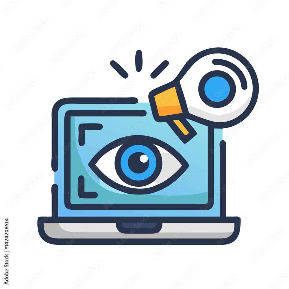 Aufkleber laptop with eye and megaphone icon representing visibility and public communication