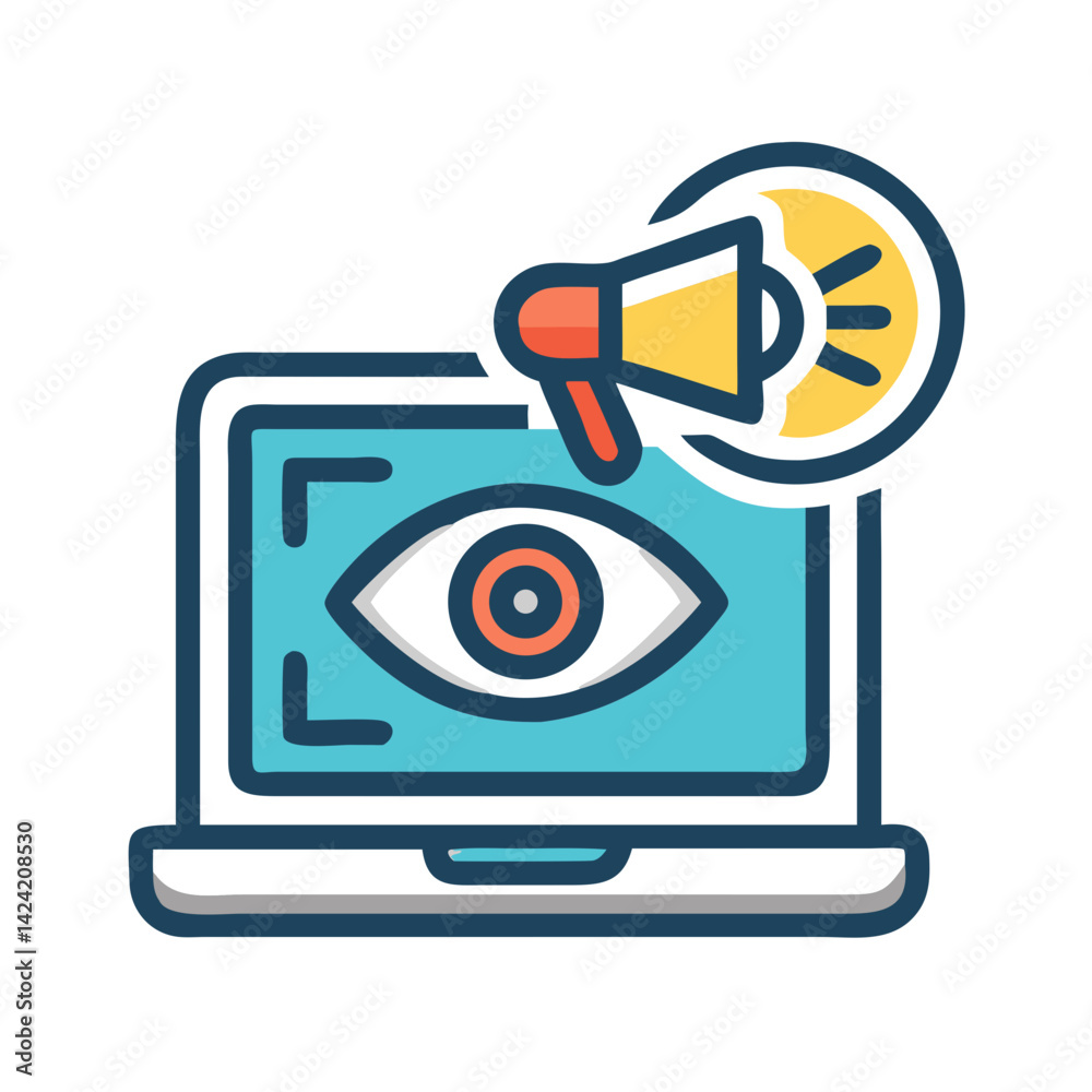 Poster laptop with eye and megaphone icon representing visibility and public communication