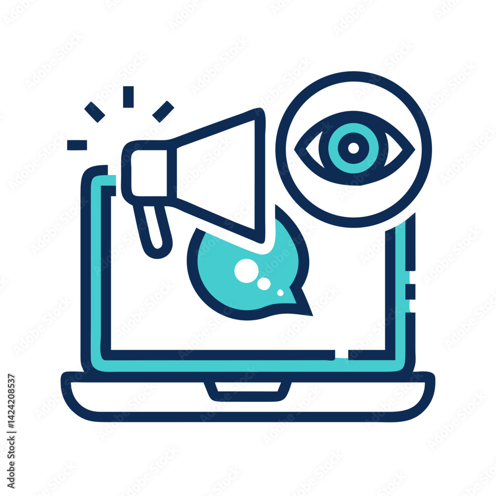 Poster Laptop with Eye and Megaphone Icon Representing Visibility and Public Communication