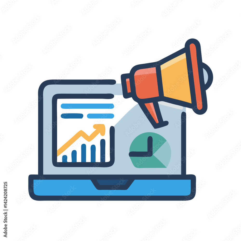 Fototapete laptop with graph and megaphone icon representing data-driven marketing and communication