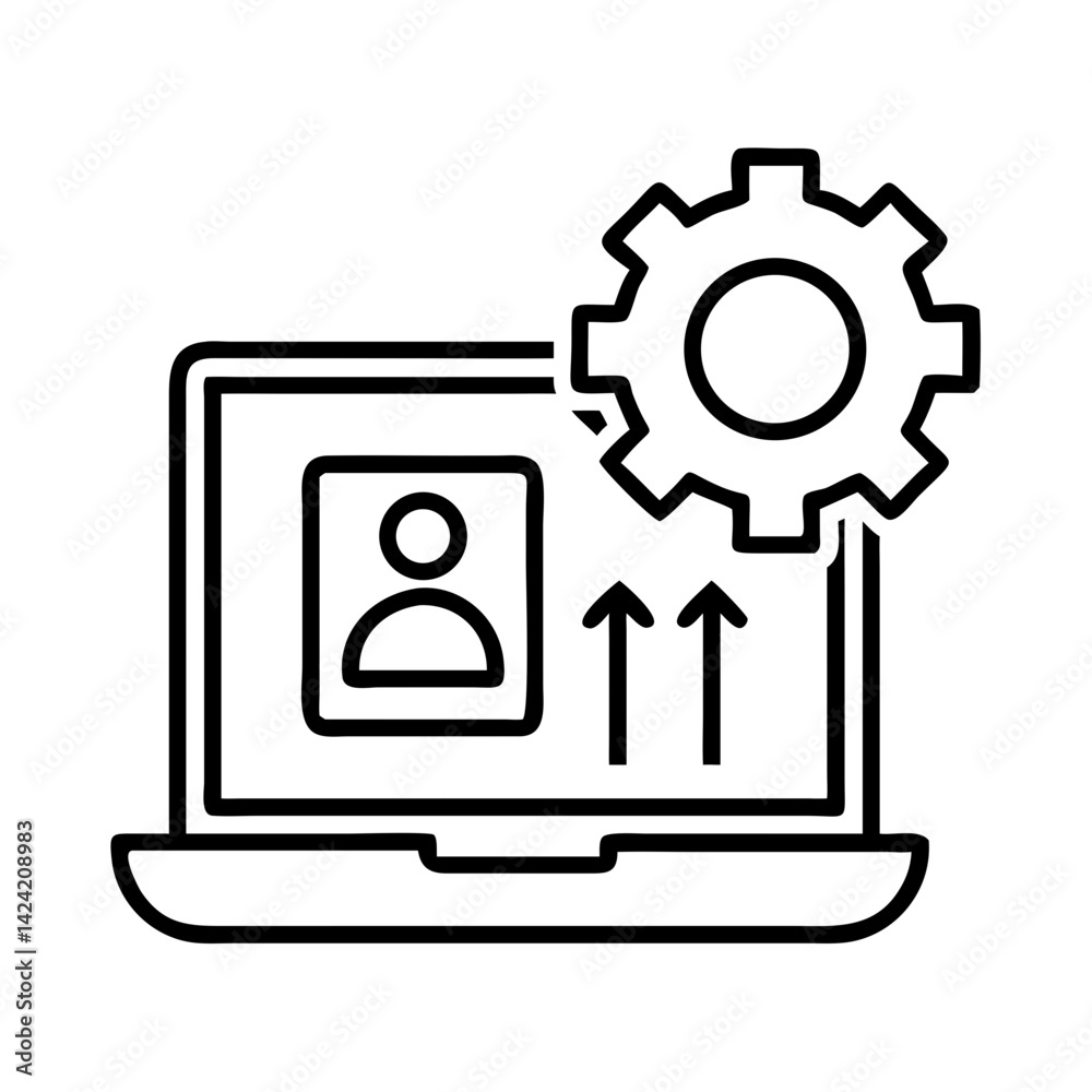 Poster Laptop with User and Gear Icon Representing Campaign Management and Strategy
