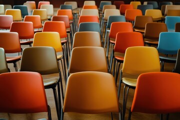 Fototapeta premium Many rows of colorful, empty chairs on a light brown wooden floor. Useful for events, business, meetings, conventions, and conferences.