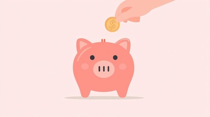 Hand Inserting Coin Into Cute Pink Piggy Bank Illustration For Savings Concept
