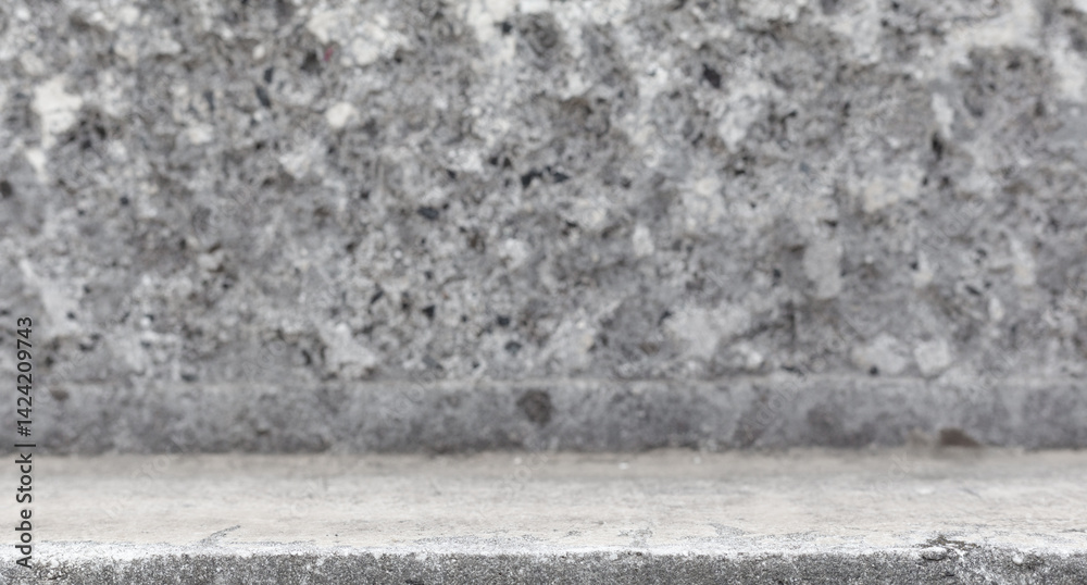Poster Gray empty concrete table stone podium empty copy space place mock up. Empty wall and table concrete texture template. Mock up for product placement and advertisement. Stone table podium. Gray step