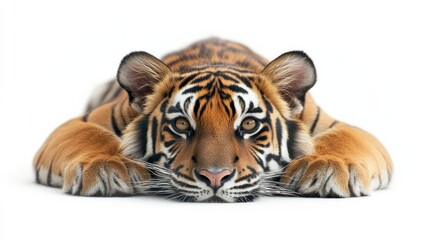 Fototapeta premium Tiger lying down staring at the camera, isolated on white