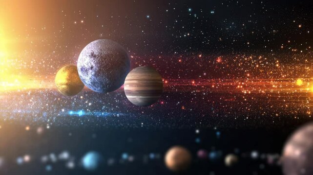 Planetary Parade: A mesmerizing illustration of celestial bodies dancing in the vast expanse, showcasing a vibrant arrangement of planets and cosmic elements against a stellar backdrop.