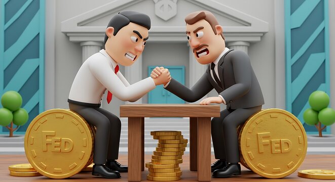 Animated Bankers Arm Wrestling on Coin Stacks, Financial Building Backdrop.