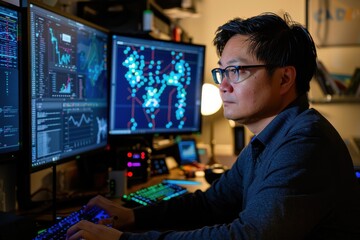 A focused male professional wearing glasses works late in a dark office, surrounded by multiple computer screens displaying complex data and charts