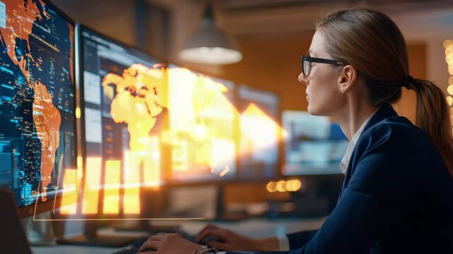 Data Analyst at Work: A focused data analyst is immersed in a complex analysis, her gaze fixed on a digital screen filled with interactive data, hinting at deep insights and strategic progress.