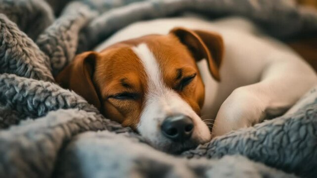 Sleepy jack russell terries dog lays on a gray blanket