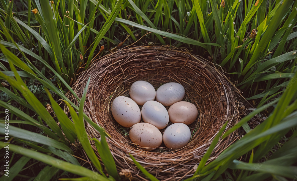 Aufkleber Nest of eggs is sitting in a grassy area. The eggs are white and appear to be fragile. The nest is surrounded by tall grass, which gives the scene a peaceful and natural feel
