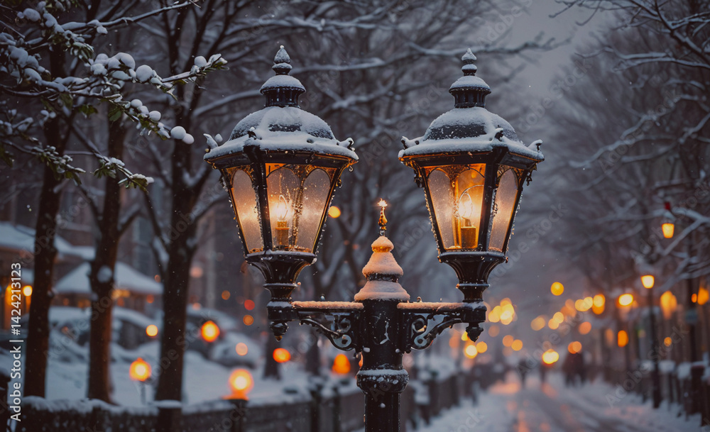 Aufkleber street lamp with snow on it is lit up in the snow. the street is lit up with lights and people are w