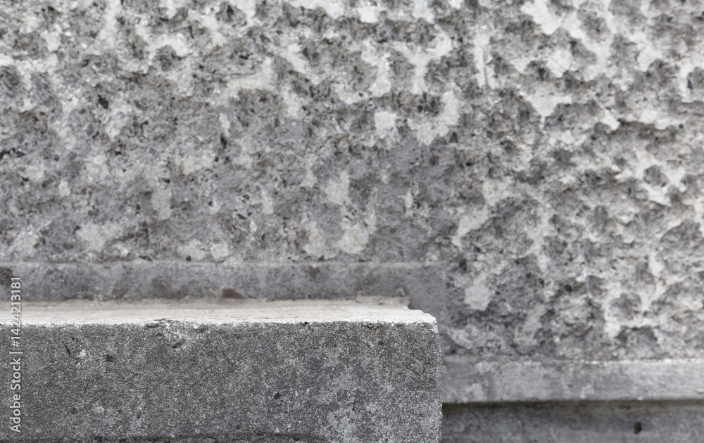 Poster Gray empty concrete table stone podium empty copy space place mock up. Empty wall and table concrete texture template. Mock up for product placement and advertisement. Stone table podium. Gray step