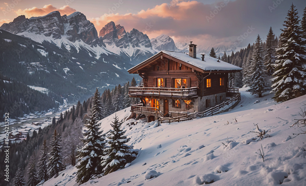 Poster cozy cabin in the mountains with a view of the snow-covered landscape. the cabin is surrounded by pi