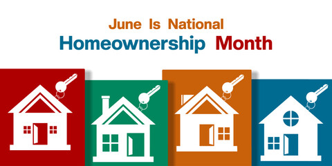 June Is Homeownership Month. Home and key. Suitable for posters, banners, social media and more. White background.