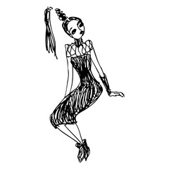 Seated funny girl with ponytail. Hand drawn linear doodle rough sketch. Black and white silhouette.