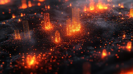 Fototapeta premium Glowing towers amid dark, smoky plains. Futuristic city