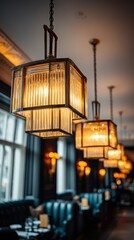 Glowing, warm lights over dark seating areas inside