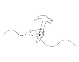 Hammer outline drawing illustration. Continuous line draw of hammer equipment vector.
